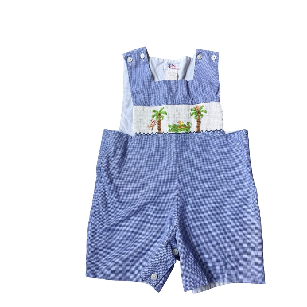 Silly Goose Boys Blue Gingham Smocked Shortall Romper Monkey Alligator Size 2